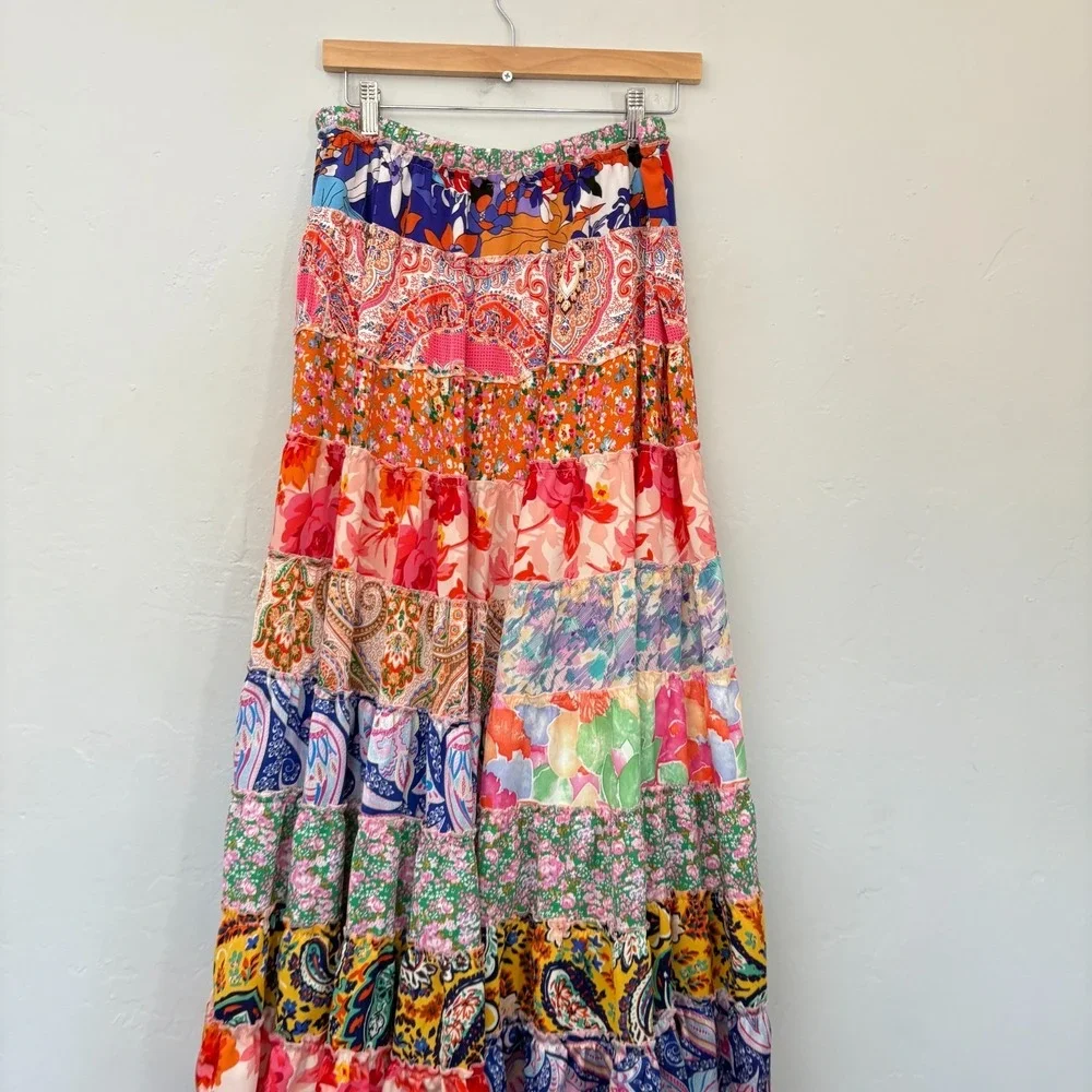 White Burch Floral Maxi Skirt Women Large Multicolor Tiered Gypsy Pull On Flaw - Picture 9 of 14
